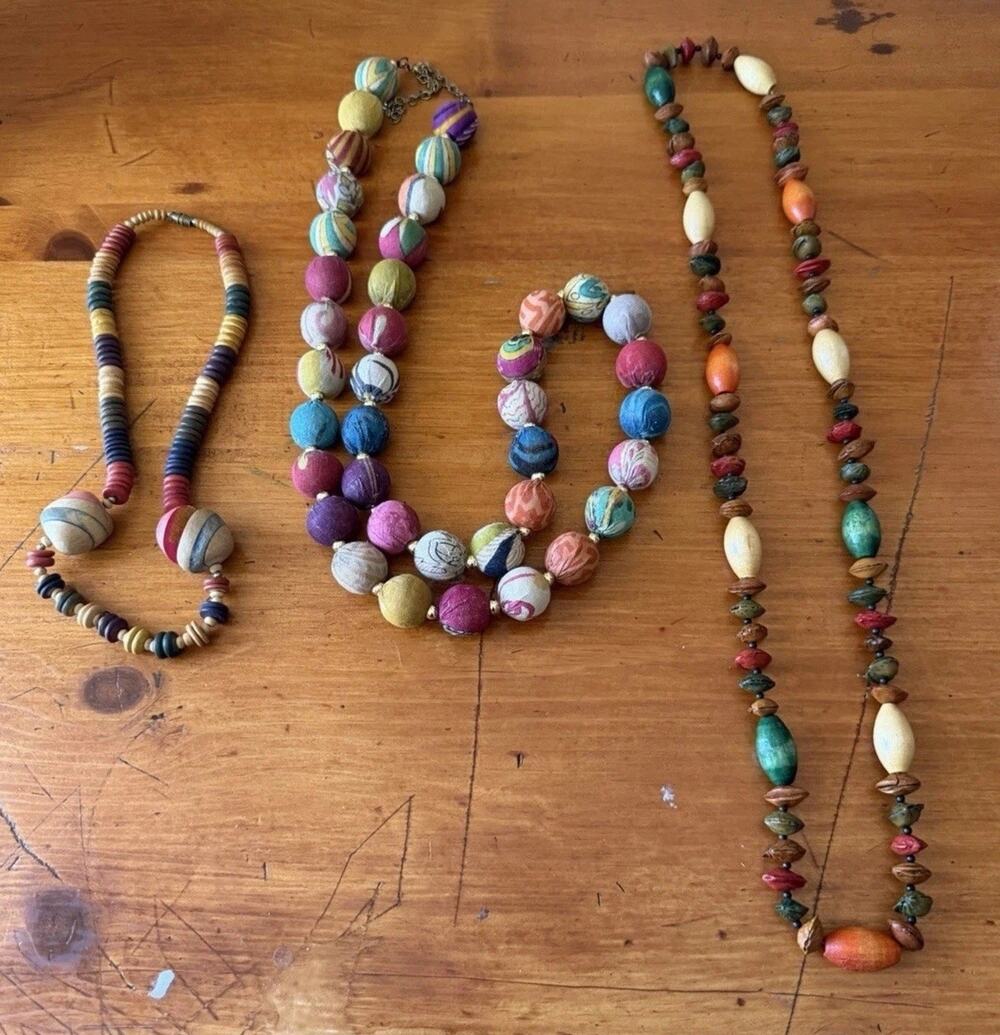 Boho Paper Bead Necklace Bundle Colorful Artisan Statement Jewelry Lot of 3